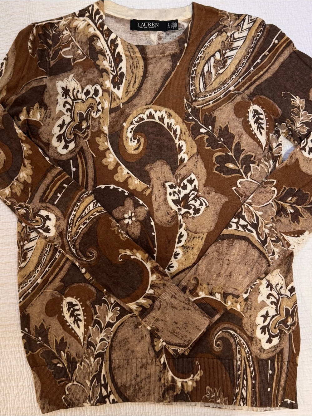 Lauren Ralph Lauren Brown & Cream Paisley Crewneck Sweater, size S, new
